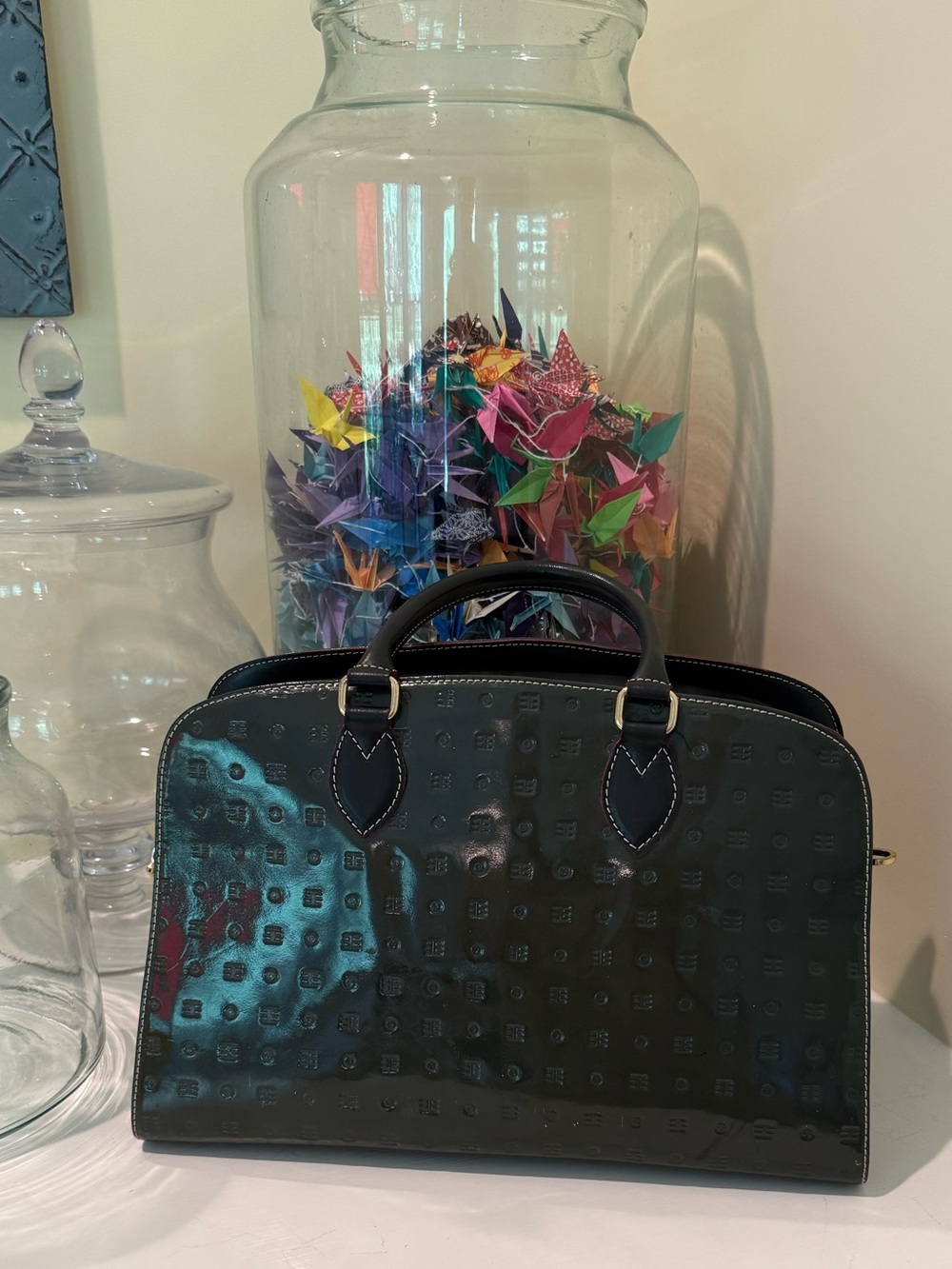 Dark green unique style vintage Arcadia patent leather handbag